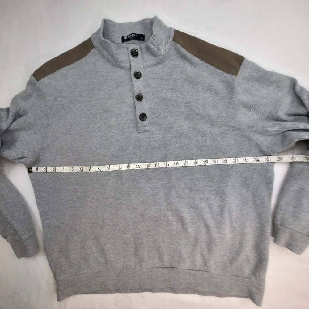 Cremieux Classics Mens XL Gray Mock Neck Button Sweater Olive Elbow Patches
